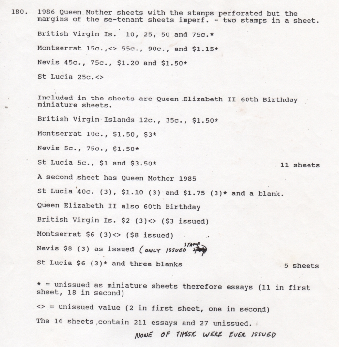 Robson Lowe Archive Inventory Listing of the 1986 60th Birthday of Queen Elizabeth II Omnibus Series Unissued Souvenir Sheets Composite Press Sheets