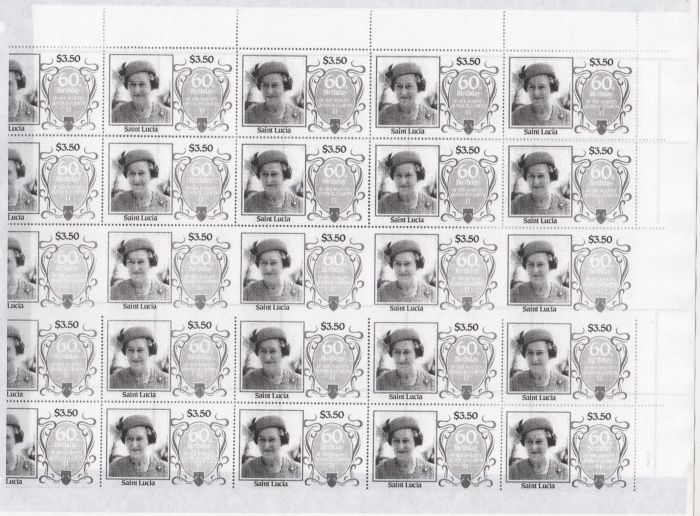 Bileski Document on Saint Lucia 1986 60th Birthday of Queen Elizabeth II $3.50 Perforation Errors