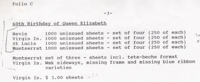 Robson Lowe Archive Inventory Listing of the 1986 60th Birthday of Queen Elizabeth II Omnibus Series Unissued Souvenir Sheets