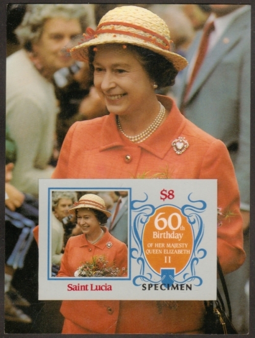 Saint Lucia 1986 60th Birthday of Queen Elizabeth II Omnibus Series Imperforate SPECIMEN Overprinted Souvenir Sheet