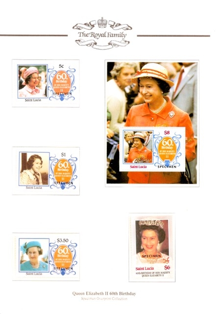Saint Lucia 1986 60th Birthday of Queen Elizabeth II Omnibus Series Perforated SPECIMEN Overprinted Souvenir Sheet in Wesminster Collection