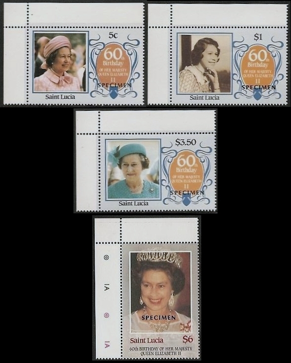 Saint Lucia 1986 60th Birthday of Queen Elizabeth II Omnibus Series SPECIMEN Stamps
