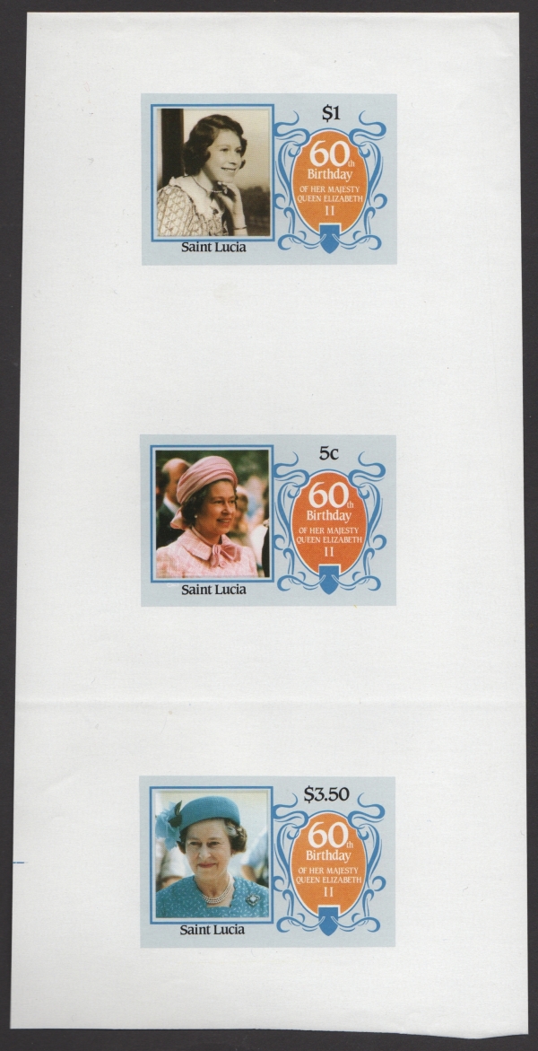 The IMPERFORATE 5c Saint Lucia 60th Birthday paired with the IMPERFORATE $1 Saint Lucia 60th Birthday and paired with the IMPERFORATE $3.50 Saint Lucia 60th Birthday With no Borders nor Inscriptions from Composite Press Sheet