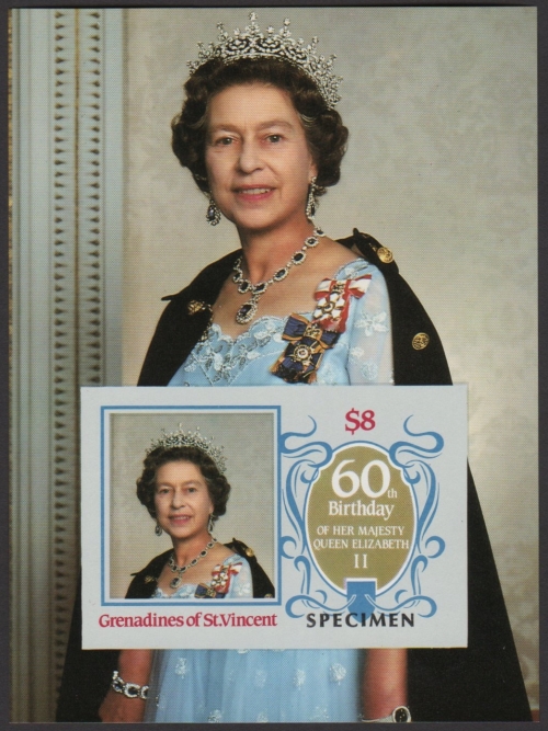 Saint Vincent Grenadines 1986 60th Birthday of Queen Elizabeth II Omnibus Series Imperforate SPECIMEN Overprinted Souvenir Sheet