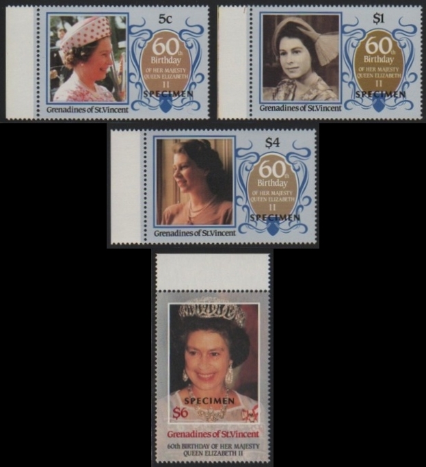 Saint Vincent Grenadines 1986 60th Birthday of Queen Elizabeth II Omnibus Series SPECIMEN Stamps