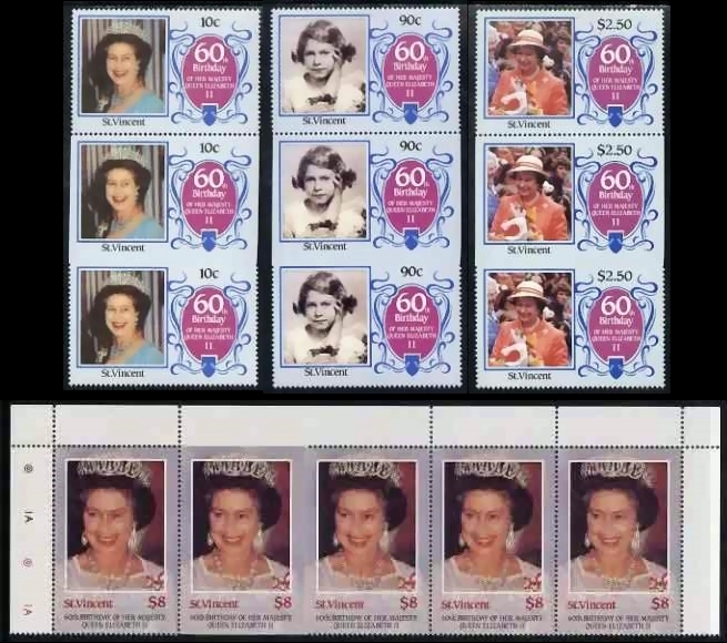 Saint Vincent 1986 60th Birthday of Queen Elizabeth II Imperforate on 3 Sides Stamp Varieties