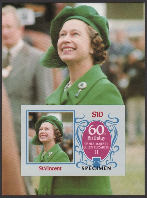 Saint Vincent 1986 60th Birthday of Queen Elizabeth II Omnibus Series Imperforate SPECIMEN Overprinted Souvenir Sheet