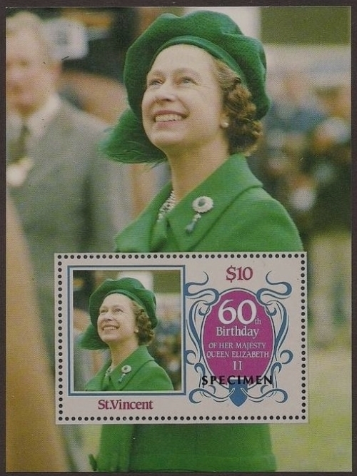 Saint Vincent 1986 60th Birthday of Queen Elizabeth II Omnibus Series Perforated SPECIMEN Overprinted Souvenir Sheet