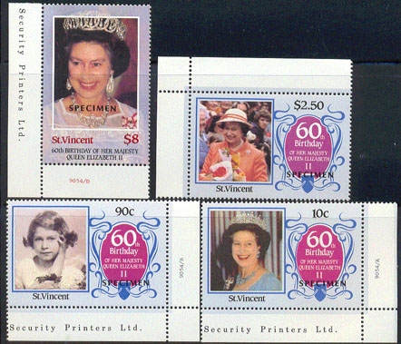 Saint Vincent 1986 60th Birthday of Queen Elizabeth II Omnibus Series SPECIMEN Stamps