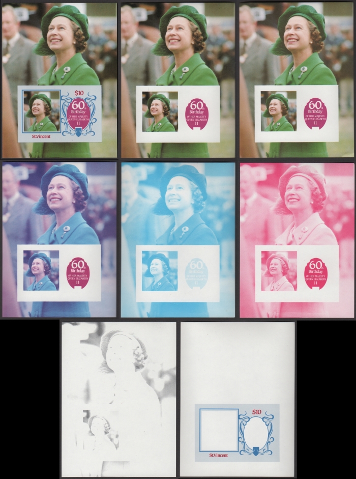 Saint Vincent 1986 60th Birthday of Queen Elizabeth II Omnibus Series Progressive Color Proofs of the Souvenir Sheet