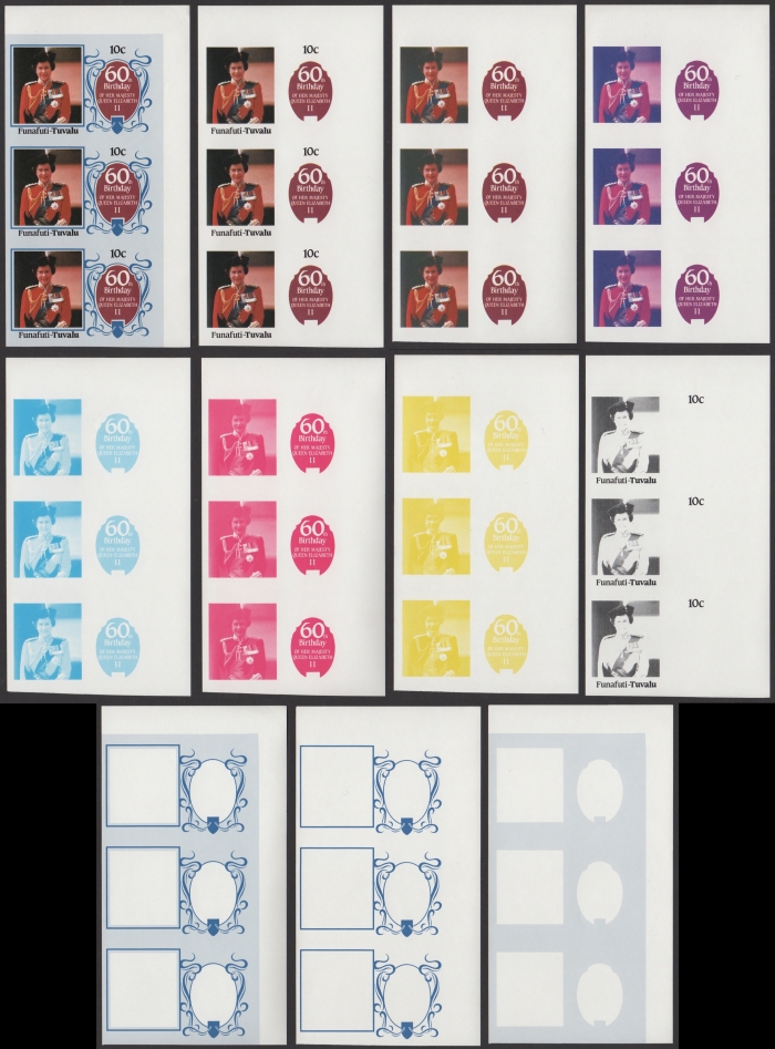 The Unique Funafuti 1986 60th Birthday 10c Progressive Color Proof Strips of 3 Set