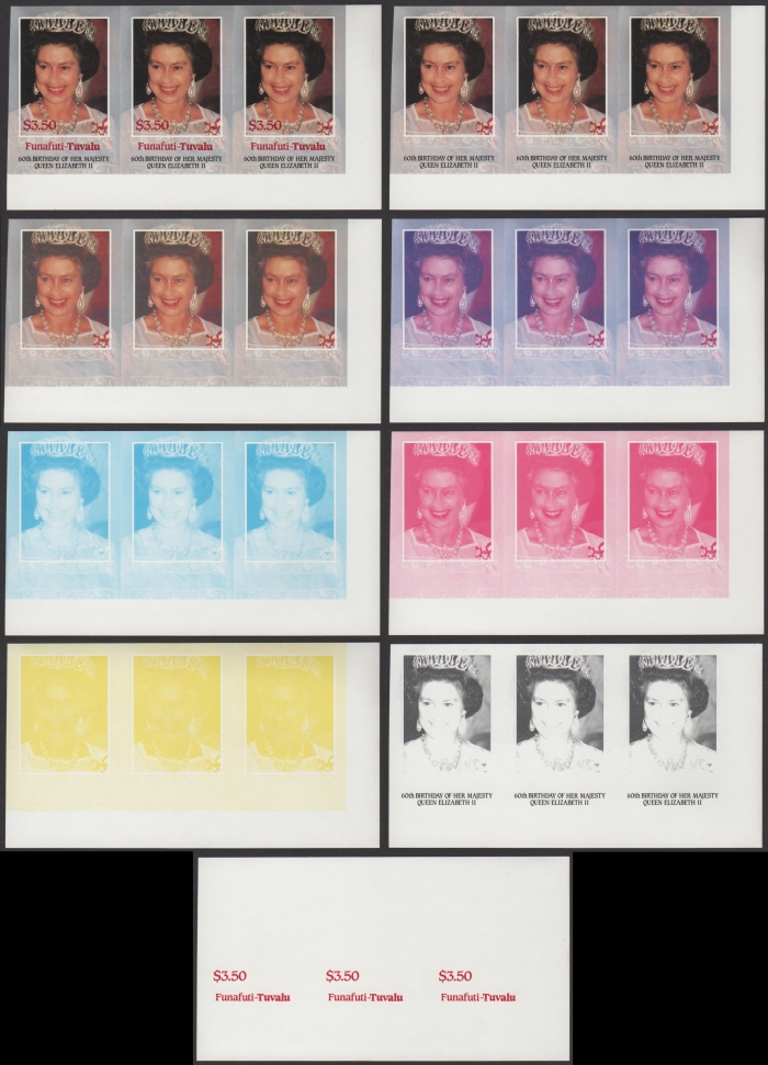 The Unique Funafuti 1986 60th Birthday $3.50 Progressive Color Proof Strips of 3 Set