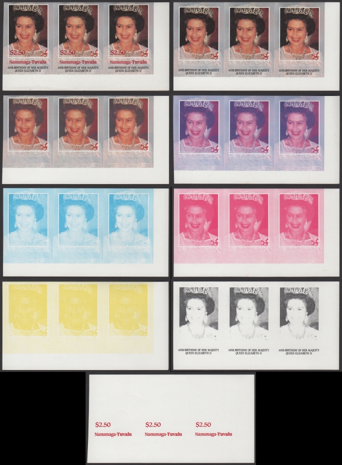 The Unique Nanumaga 1986 60th Birthday $2.50 Progressive Color Proof Strips of 3 Set