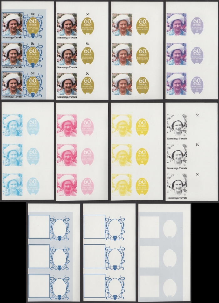 The Unique Nanumaga 1986 60th Birthday 5c Progressive Color Proof Strips of 3 Set