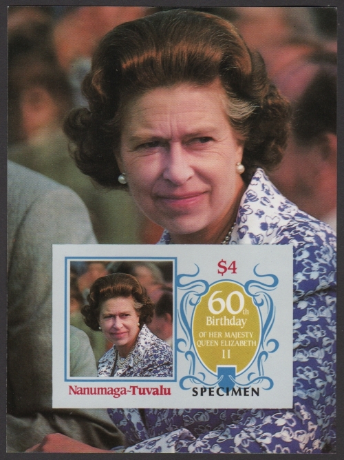 Nanumaga 1986 60th Birthday of Queen Elizabeth II Omnibus Series Imperforate SPECIMEN Overprinted Souvenir Sheet