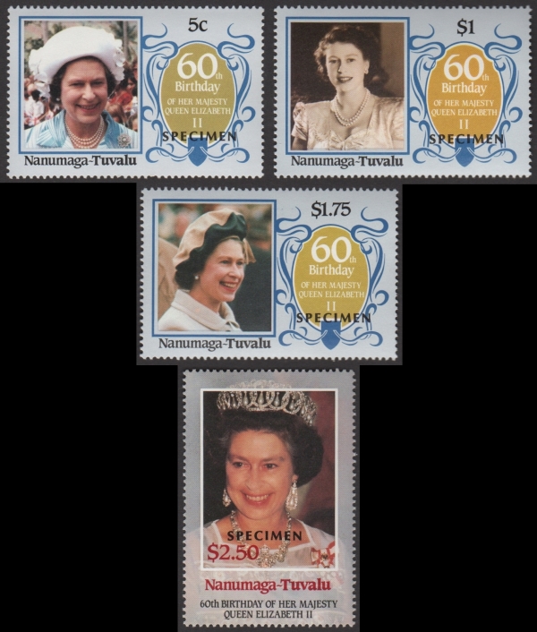 Nanumaga 1986 60th Birthday of Queen Elizabeth II Omnibus Series SPECIMEN Stamps