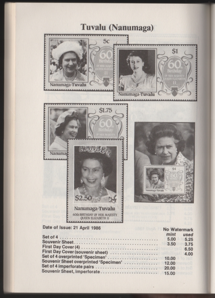 Urch Harris Ad Showing Tuvalu Nanumaga 1986 60th Birthday Stamps and Varieties
