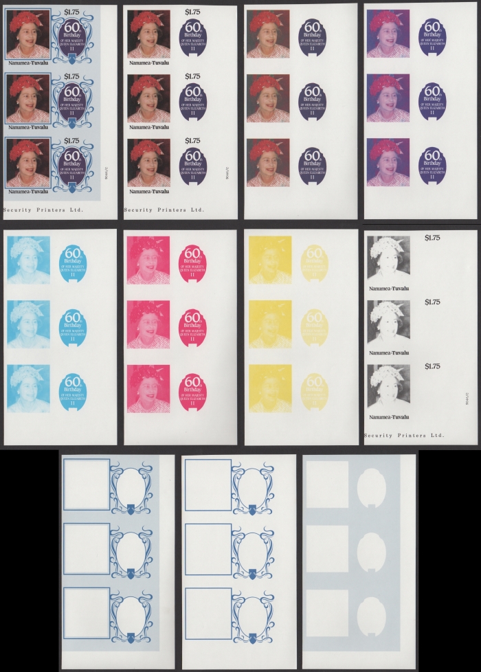 The Unique Nanumea 1986 60th Birthday $1.75 Progressive Color Proof Strips of 3 Set