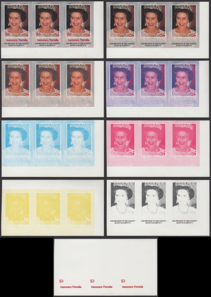 The Unique Nanumea 1986 60th Birthday $3 Progressive Color Proof Strips of 3 Set