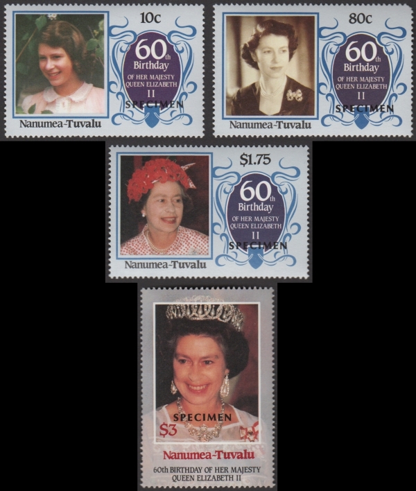 Nanumea 1986 60th Birthday of Queen Elizabeth II Omnibus Series SPECIMEN Stamps