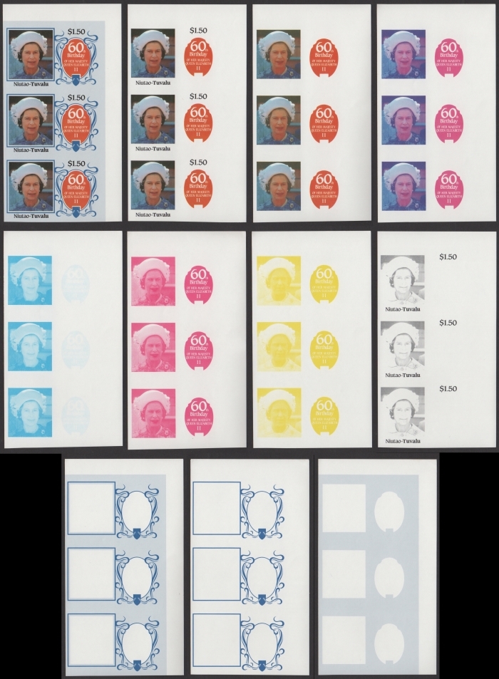 The Unique Niutao 1986 60th Birthday $1.50 Progressive Color Proof Strips of 3 Set