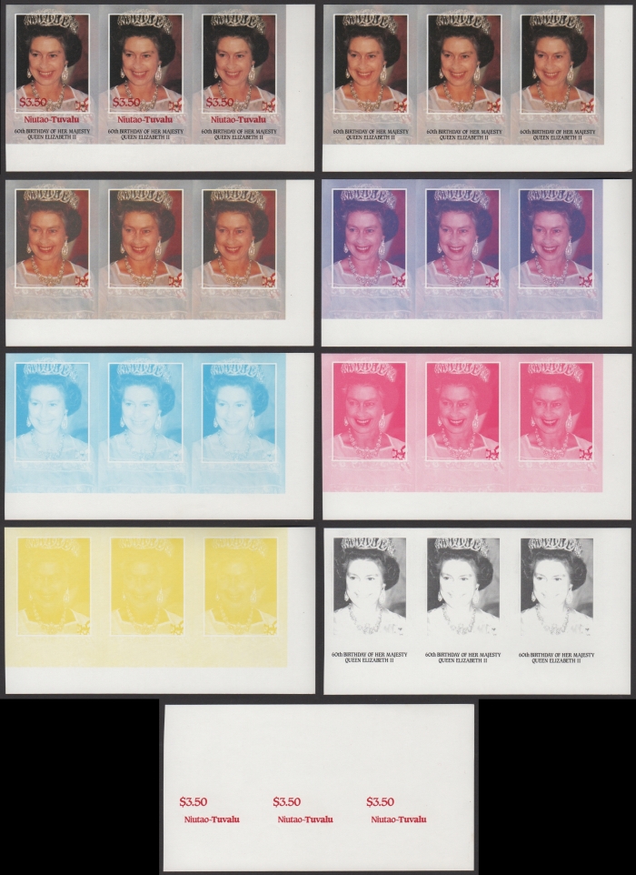 The Unique Niutao 1986 60th Birthday $3.50 Progressive Color Proof Strips of 3 Set