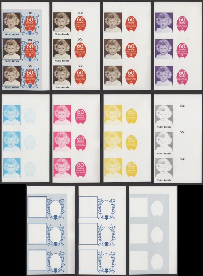 The Unique Niutao 1986 60th Birthday 60c Progressive Color Proof Strips of 3 Set