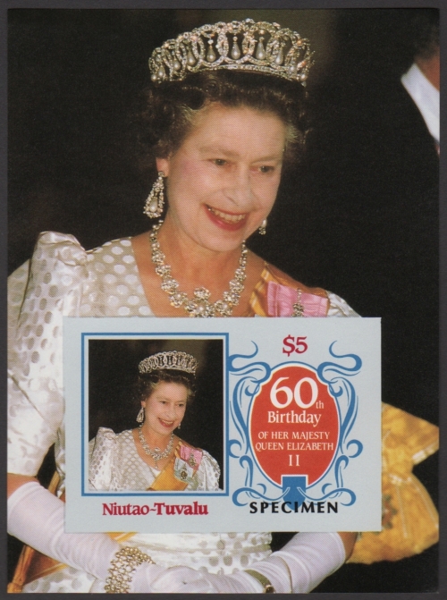 Niutao 1986 60th Birthday of Queen Elizabeth II Omnibus Series Imperforate SPECIMEN Overprinted Souvenir Sheet