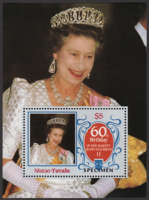 Niutao 1986 60th Birthday of Queen Elizabeth II Omnibus Series Perforated SPECIMEN Overprinted Souvenir Sheet