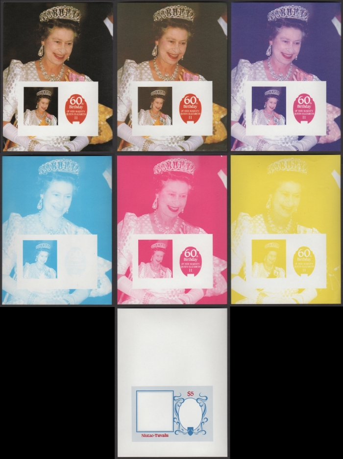 Niutao 1986 60th Birthday of Queen Elizabeth II Omnibus Series Progressive Color Proofs of the Souvenir Sheet