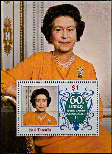 Nui 1986 60th Birthday of Queen Elizabeth II Omnibus Series Perforated SPECIMEN Overprinted Souvenir Sheet