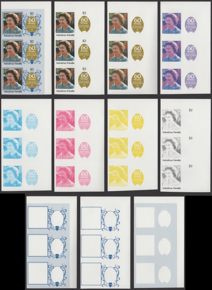 The Unique Nukufetau 1986 60th Birthday $2 Progressive Color Proof Strips of 3 Set