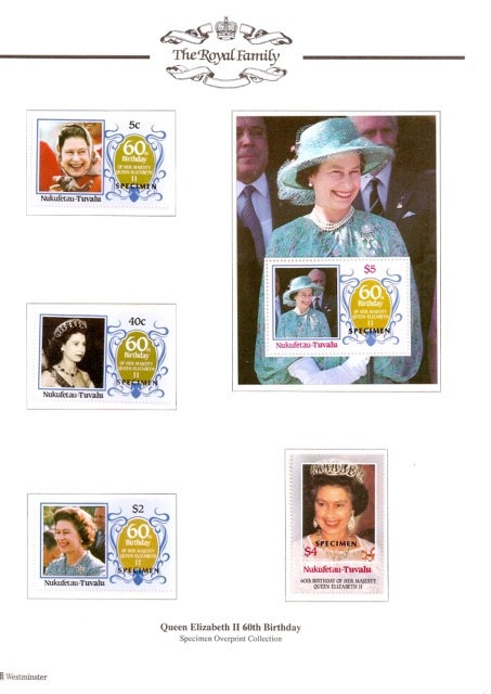 nukufetau 1986 60th Birthday of Queen Elizabeth II Omnibus Series Perforated SPECIMEN Overprinted Souvenir Sheet in Wesminster Collection