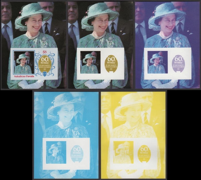 Nukufetau 1986 60th Birthday of Queen Elizabeth II Omnibus Series Progressive Color Proofs of the Souvenir Sheet