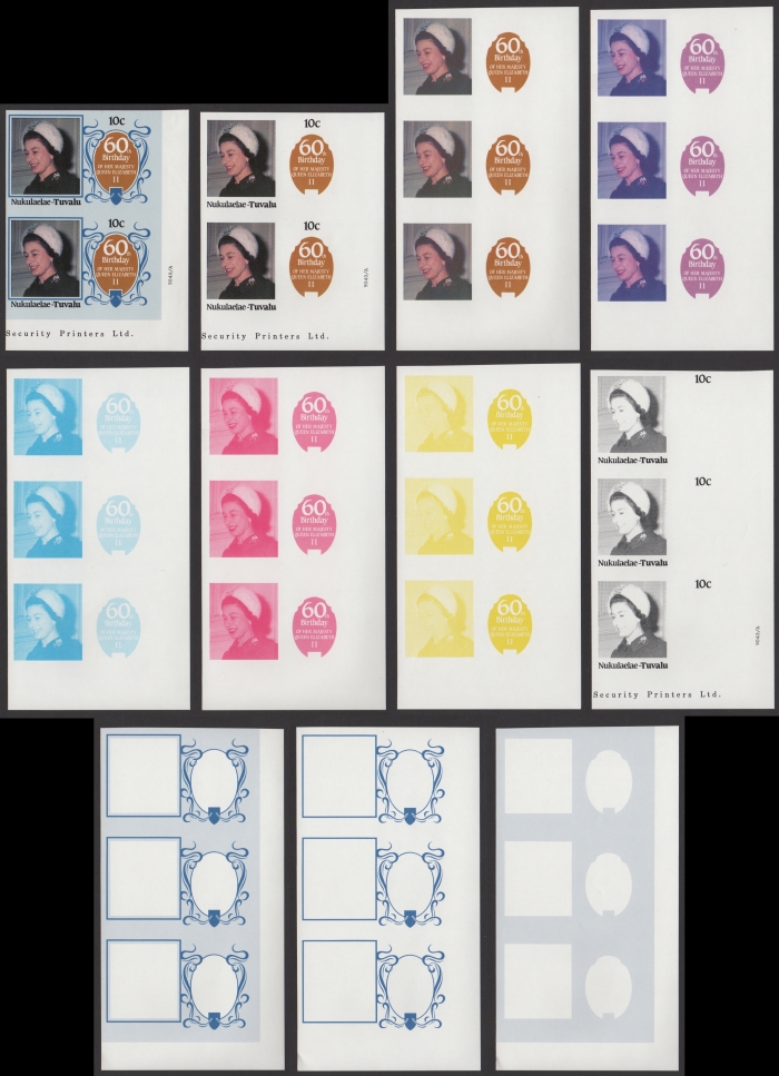 The Unique Nukulaelae 1986 60th Birthday 10c Progressive Color Proof Strips of 3 Set