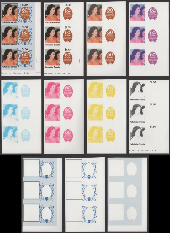 The Unique Nukulaelae 1986 60th Birthday $1.50 Progressive Color Proof Strips of 3 Set