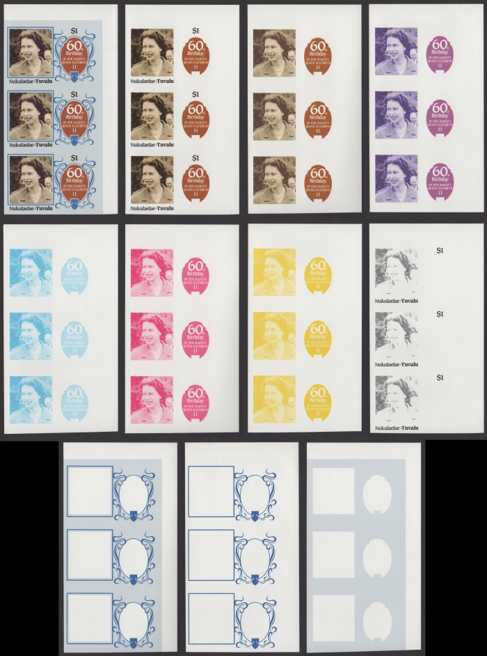 The Unique Nukulaelae 1986 60th Birthday $1 Progressive Color Proof Strips of 3 Set