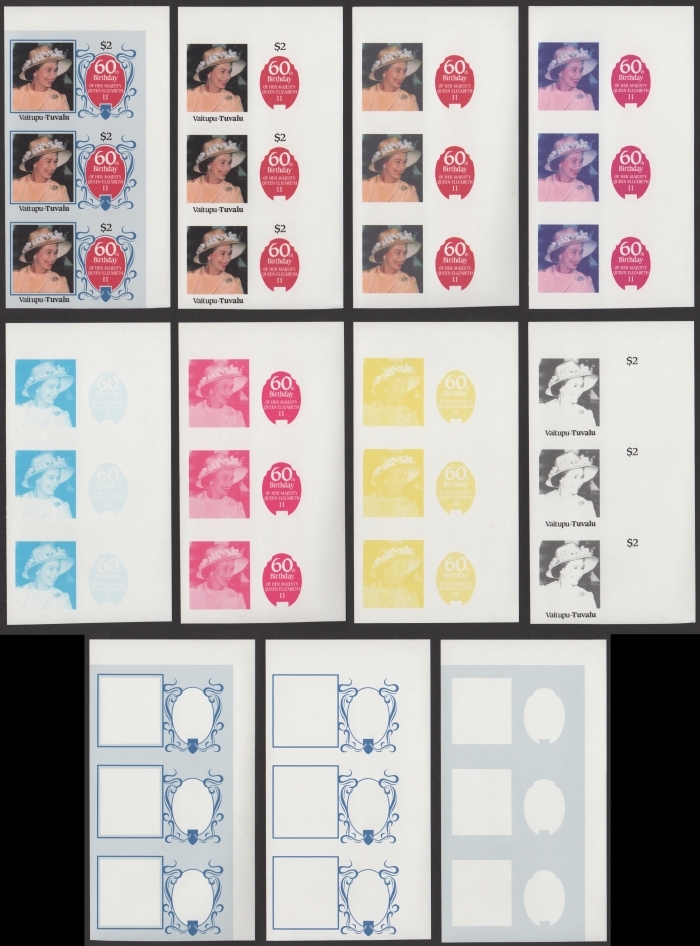 The Unique Vaitupu 1986 60th Birthday $2 Progressive Color Proof Strips of 3 Set