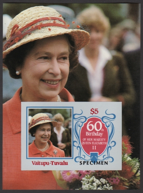 Vaitupu 1986 60th Birthday of Queen Elizabeth II Omnibus Series Imperforate SPECIMEN Overprinted Souvenir Sheet