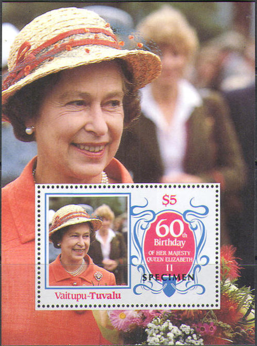 Vaitupu 1986 60th Birthday of Queen Elizabeth II Omnibus Series Perforated SPECIMEN Overprinted Souvenir Sheet