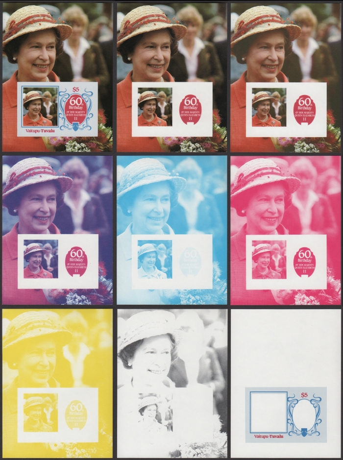Vaitupu 1986 60th Birthday of Queen Elizabeth II Omnibus Series Progressive Color Proofs of the Souvenir Sheet