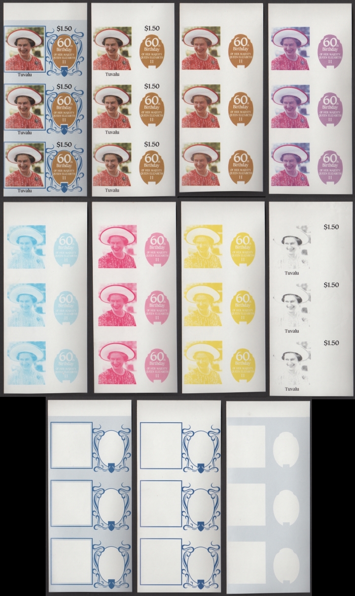 The Unique Tuvalu 1986 60th Birthday $1.50 Progressive Color Proof Strips of 3 Set