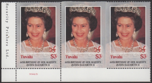 Tuvalu 1986 60th Birthday of Queen Elizabeth II $3 Imperforate on 3 Sides Stamp Variety
