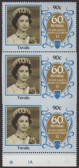 Tuvalu 1986 60th Birthday of Queen Elizabeth II 90c Imperforate on 3 Sides Stamp Variety
