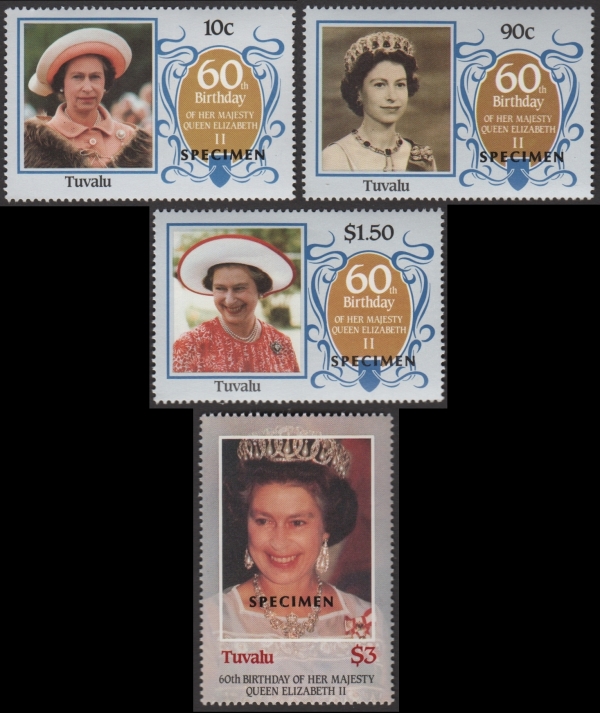 Tuvalu 1986 60th Birthday of Queen Elizabeth II Omnibus Series SPECIMEN Stamps