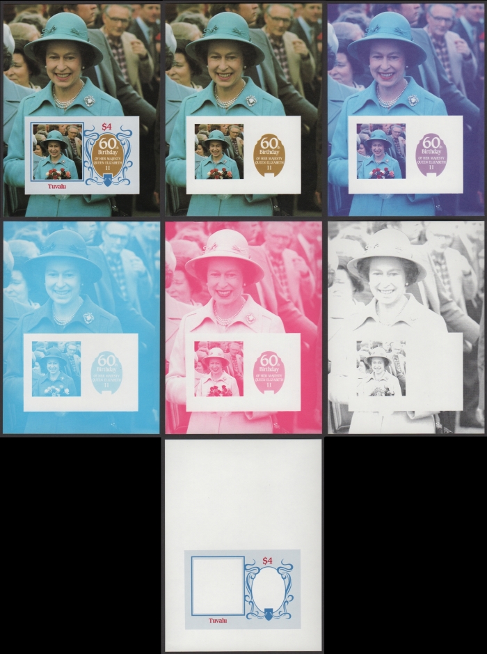 Tuvalu 1986 60th Birthday Progressive Color Proofs of the Souvenir Sheet