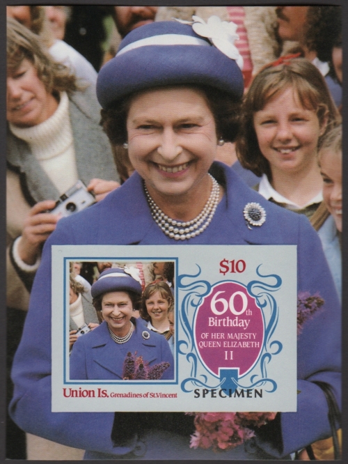 Saint Vincent Union Island 1986 60th Birthday of Queen Elizabeth II Omnibus Series Imperforate SPECIMEN Overprinted Souvenir Sheet