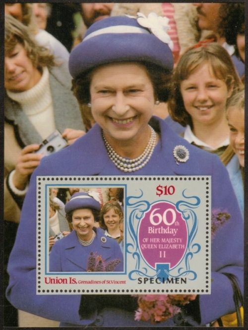 Saint Vincent Union Island 1986 60th Birthday of Queen Elizabeth II Omnibus Series Perforated SPECIMEN Overprinted Souvenir Sheet