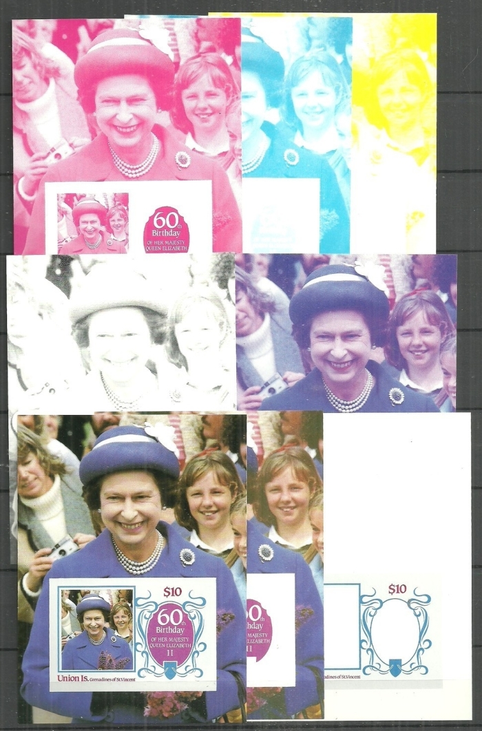 Saint Vincent Union Island 1986 60th Birthday of Queen Elizabeth II Omnibus Series Progressive Color Proofs of the Souvenir Sheet