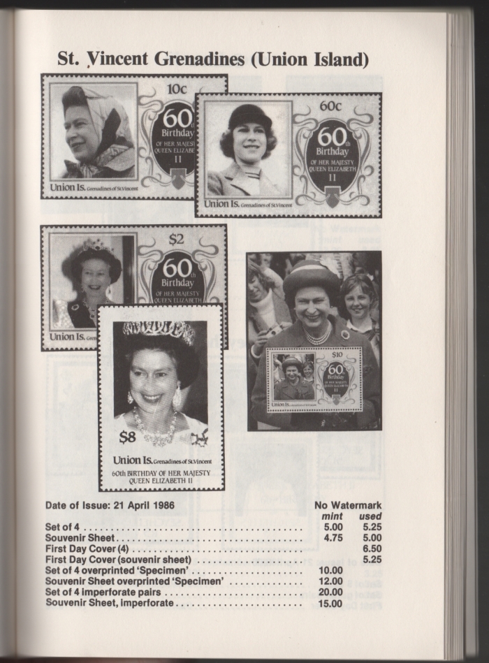 Urch Harris Ad Showing Saint Vincent Union Island 1986 60th Birthday Stamps and Varieties